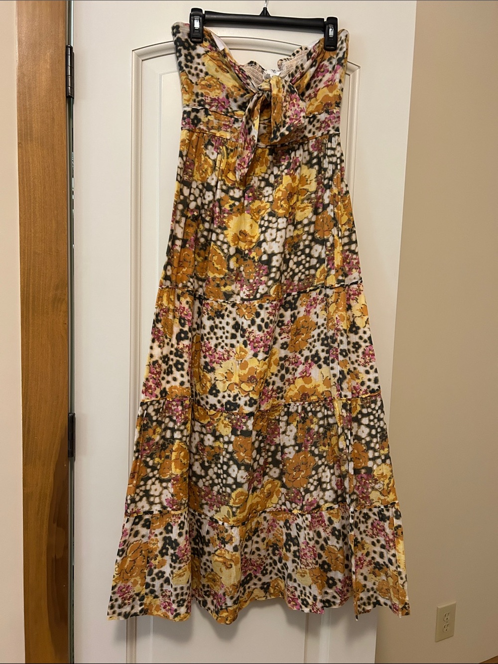 Ba&sh Dalid Tie Front Strapless Maxi. Muted floral tiered design with Smocking
